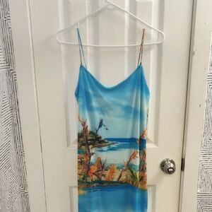 Zara Blue and Orange Scenic Print Dress Spaghetti Strap